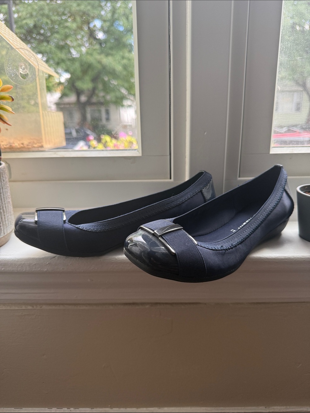 Anne Klein Navy Ballet Flat with Silver Buckle Accent